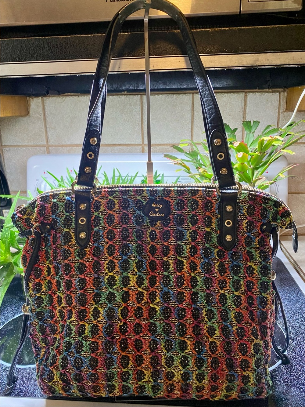 Juicy Couture Vintage colorful woven shoulder bag black leather straps grommets
